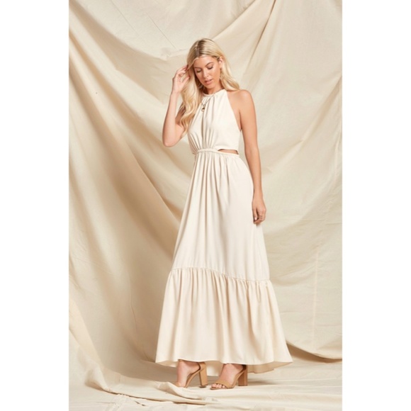 Bohemian Cream Solid Cut Out Waist Full Long Length Maxi Dress - Picture 3 of 5